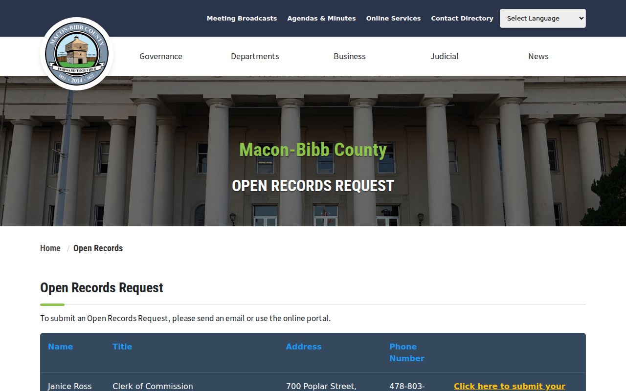 Bibb County court records request contact page