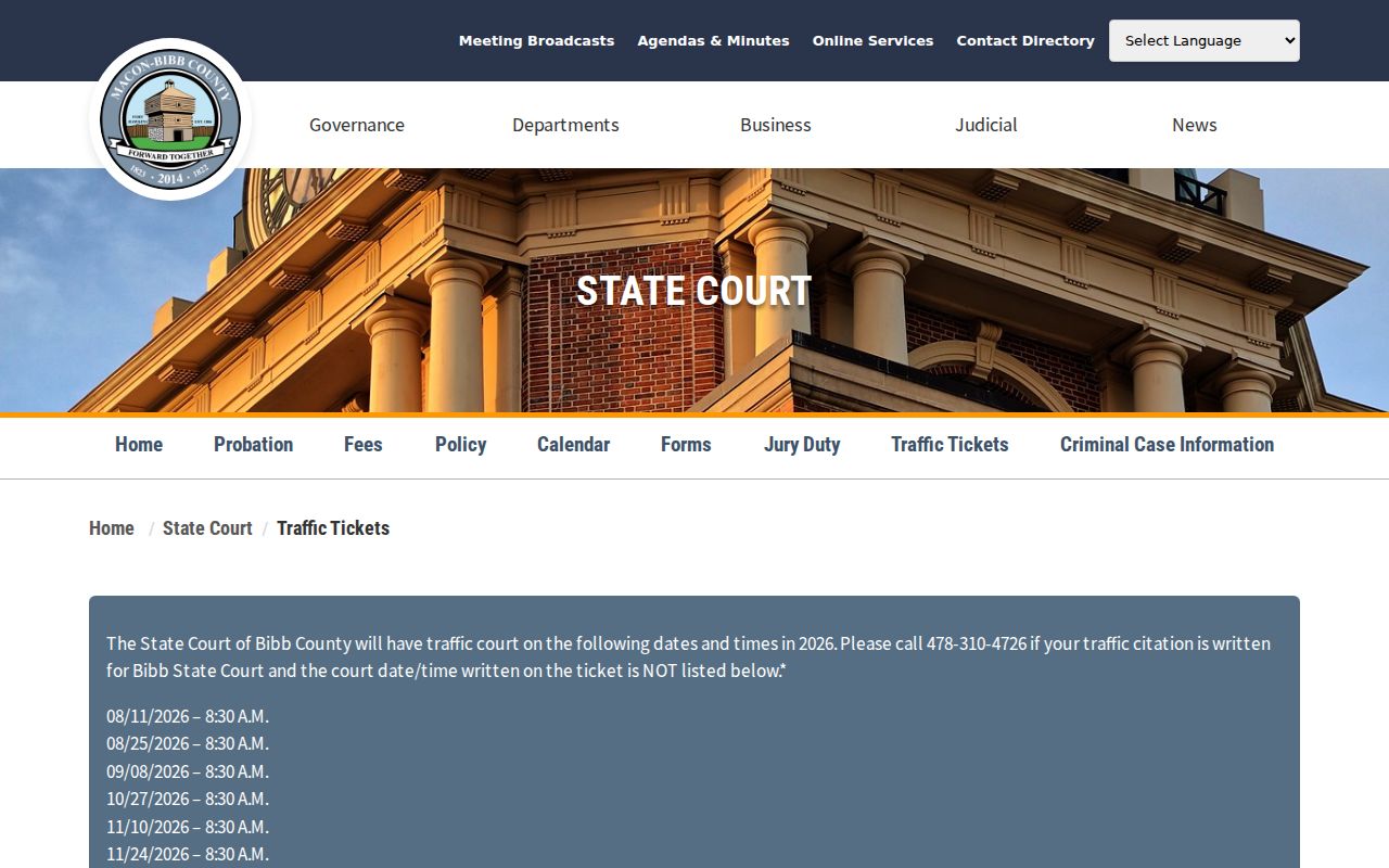 Bibb State Court traffic contact page